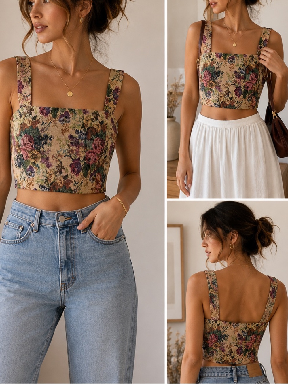 Romwe Floral Tapestry Corset Crop Top Small – Vintage Boho Cottagecore